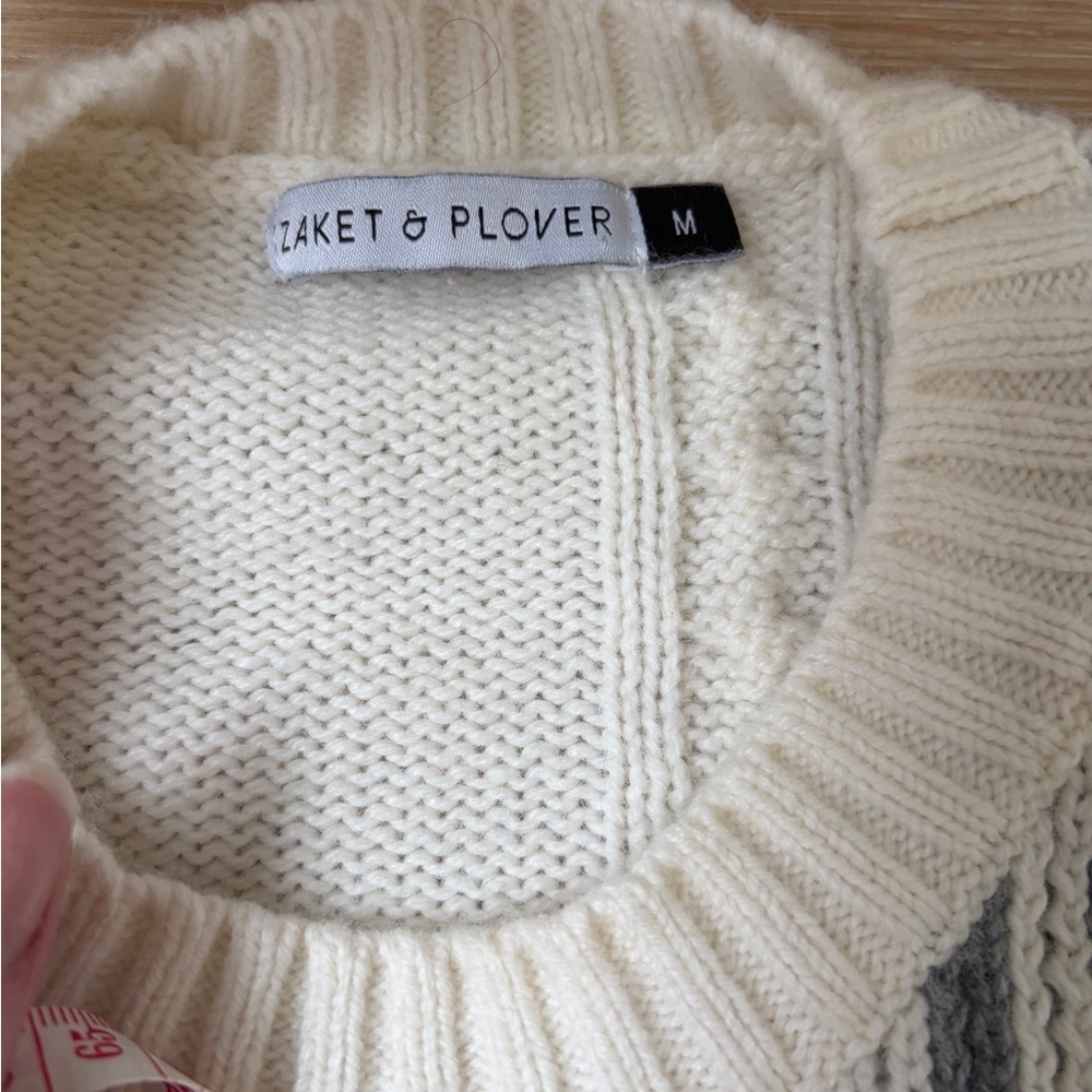 Zaket & Plover Womens Gray & Cream Knit Sweater Merino/Cotton Blend Sz M*L25 - Picture 5 of 5